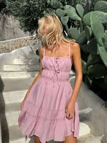 SHEIN EZwear Women's Vacation Pink Woven Backless Camisole Mini Dress,Perfect For Holiday Wear - Pink - View 3