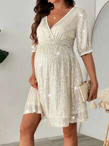 SHEIN 孕妇V领亮片短袖迷你连衣裙 - 杏色 - 查看 4