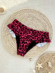 SHEIN Swim Springbreak New Leopard Print Ruffle Hem Sexy Women 1pc Bikini Bottom For Summer Beach Vacation - Red - View 3