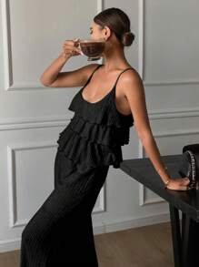 Livesso 2pcs Women Solid Color Textured Ruffled Cami & Wide Leg Pants Bohemian Holiday Vacation Suit Set, Summer - Black - View 3