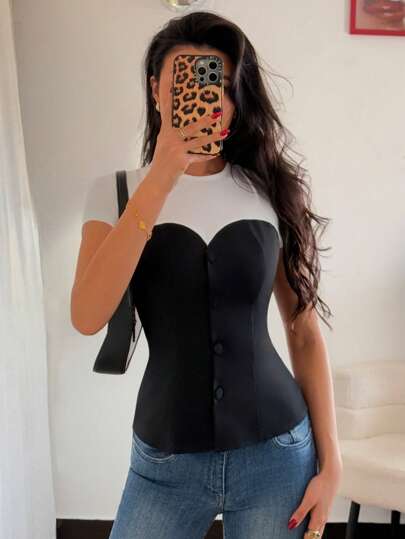 Rafferiza Casual Fashionable Versatile Crew Neck White Knit Patchwork Front Closure Waist Fitted Short Sleeve Blouse For Women, Summer New Style Black And White