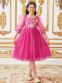 Tween Girls Floral Embroidery Spliced Mesh Short Sleeve Elegant Dress - Hot Pink - View 6