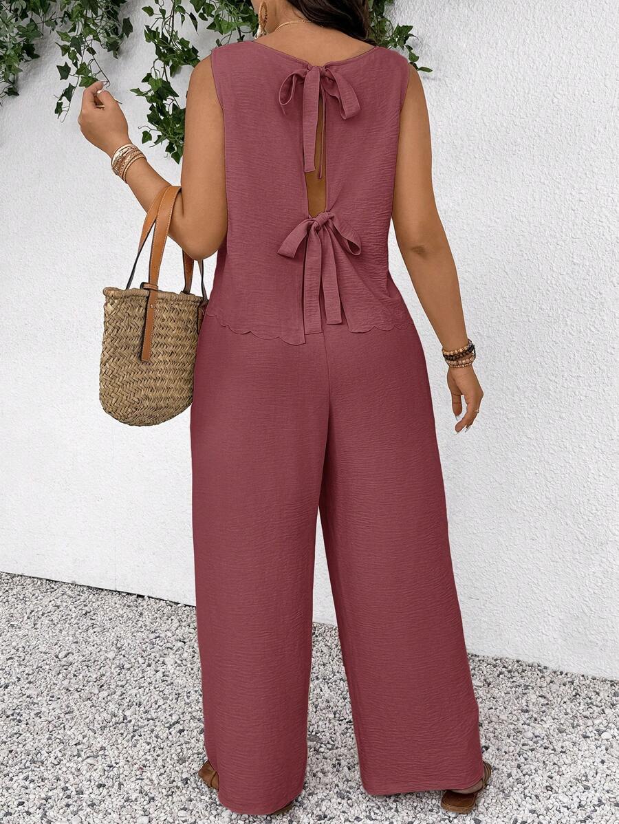 SHEIN Frenchy Plus Size Casual Holiday Textured Shell Trim Bowknot Waist Sleeveless Top And Pants Set - Redwood - View 1