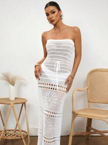 SHEIN Swim 女士优雅度假风格派对抹胸系腰白色针织罩衫连衣裙，夏季海滩度假 - 白色 - 查看 5
