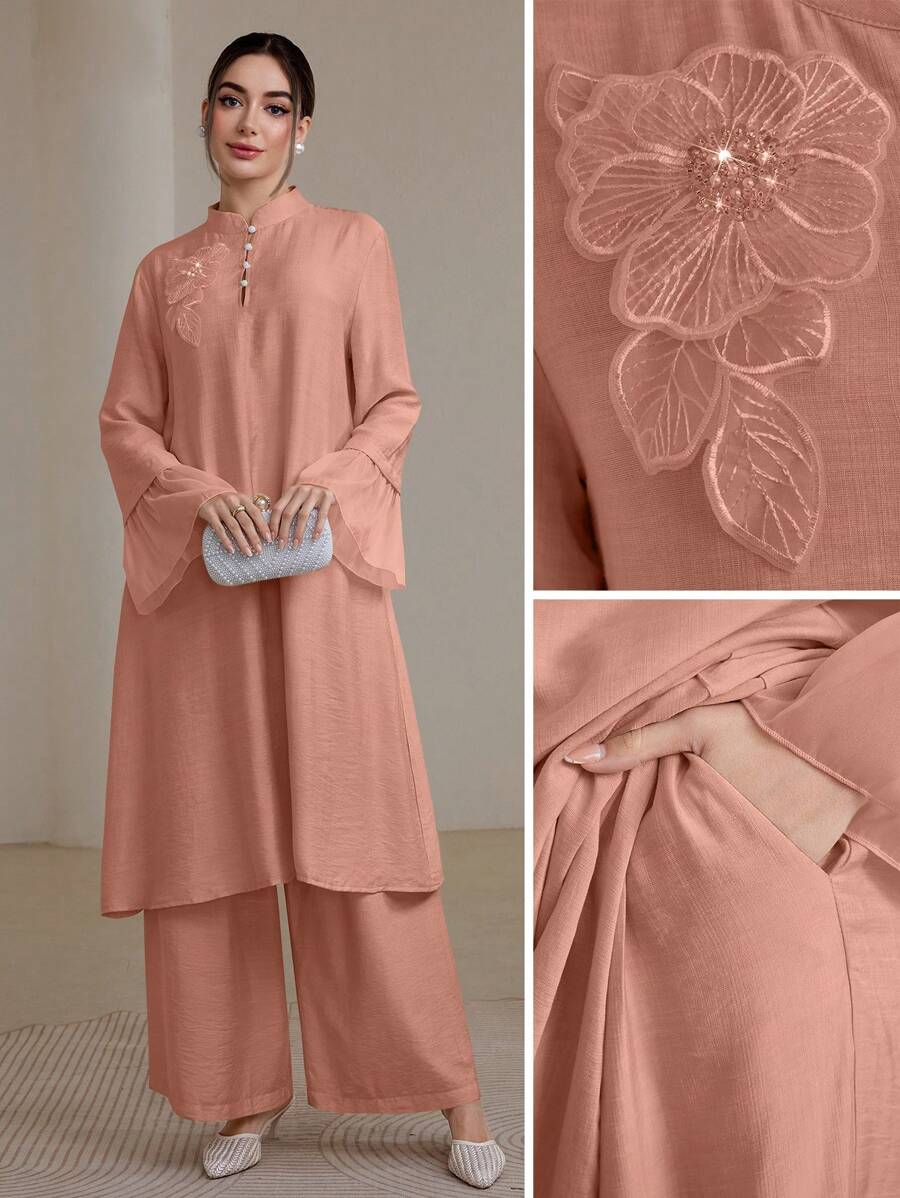 Graceveil 2pcs/Set Women Elegant Stand Collar Ruffle Cuff Long Sleeve Set Modest Fall Cloth For Women - Pink - View 1