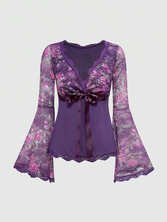 Gothic Floral Print Bowknot Decorated Flare Sleeve Deep V Neck Lace Blouse