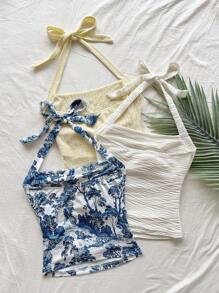 Soleia Multicolor New Elegant Vacation Casual Knit Texture Printed Spaghetti Strap Tie Back Camisole Top,Spring Break, Saint Patrick,Easter Women,Concert Women,Elegant,Vacation,Business Casual Woman ,Western,Cute,Boho,Country ,Modest,Streetwear,Tropical,Gyaru, Floral,Backless - Multicolor - View 2