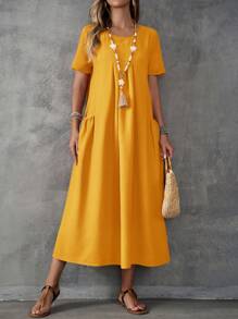 EMERY ROSE Women's Solid Color Short Sleeve Round Neck Midi Dress - Yellow - View 5