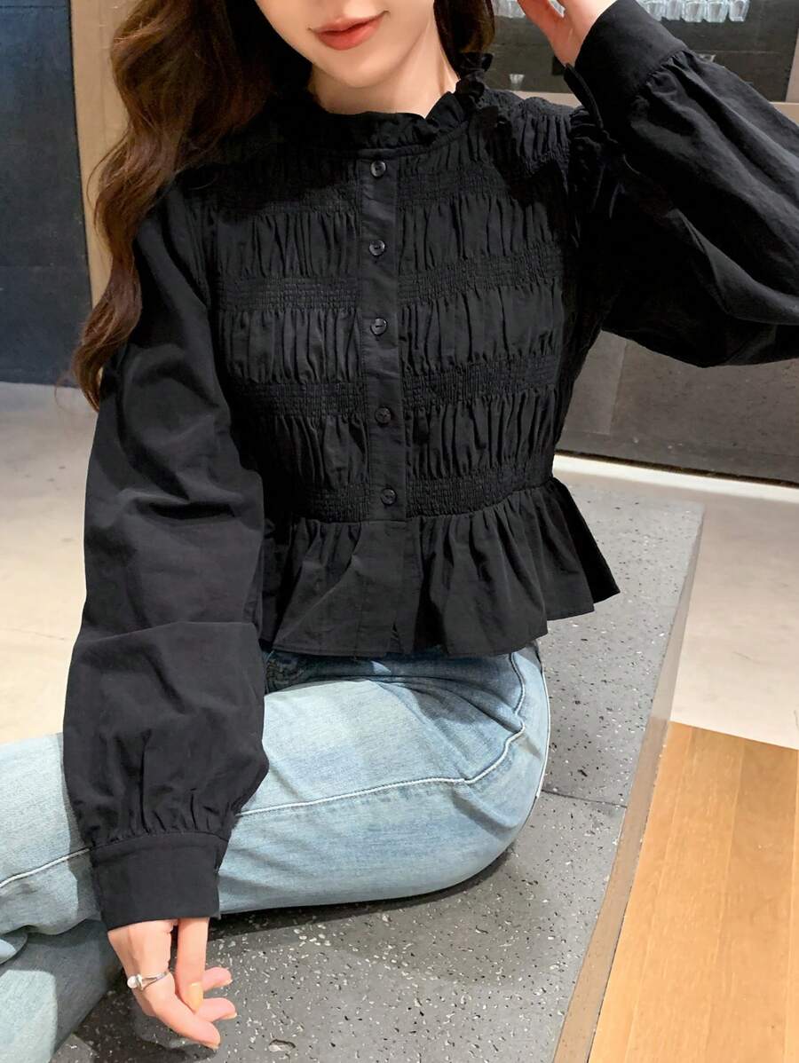 DAZY Solid Color Ruffle Trim Form-Fitting Long Sleeve Blouse For Women,Fall Clothes - Black - View 1