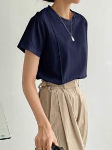 Dazy-Less 女士夏季纯色圆领短袖休闲T恤老款商务休闲女工作服 - 藏蓝色 - 查看 6