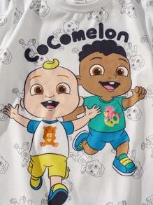 CoComelon X SHEIN Maglietta casual a girocollo con maniche corte, stampa ragazzo cartoni animati, versatile, per ragazzi