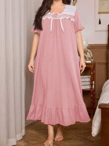 Trezura Plus Size Soft & Comfortable Knit Midi Dress With French Vintage Gown Inspired Floral Lace & Mesh Panels, Casual Loungewear, Pale Pink