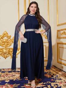 SHEIN Clasi Curved Plus Size Women's Blue Elegant Silver Sparkling Sequins Stitching Waist Tightening A-Line Slit Sleeve Dress, Women's Dark Blue Dress, Going Outfits, Women's Dress, Elegant Dress, Elegant Dress, Elegant Wedding Dresses, Women's Spring Summer Dresses, Holiday Outfits - Navy Blue - View 6