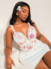 SHEIN SXY Plus Size Women's Spring And Summer Sexy Lace Printed Colorful Fabric Tight Suspenders Underwired Side Gathered Neckline Bow Decorative Lace Flying Suspenders,Suitable For Early Spring, Spring And Summer, Rainforest, Beach Party, Seaside Vacation, Bonfire Party, Cool And Light, Slim Fit, Comfortable To Wear,Easy To Match&Looks Slim,Accent Your Body,Flatter The Figure