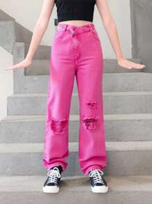 Tween Girls' Loose Straight Leg Ripped Distressed Washed Denim Jeans, Casual & Style - Hot Pink - View 3