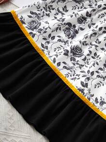 Baby Girls Black Floral Print Pattern Short Sleeve A-Line Midi Dress, Comfortable - Black - View 5
