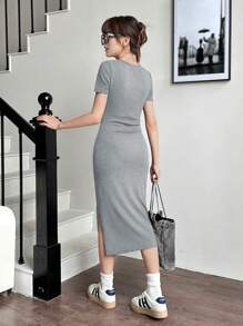SHEIN Tienermeisjes Rib gebreide taille gerimpelde split casual jurk