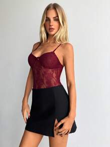 Aloruh Women's Sexy And Elegant Sheer Mesh & Lace Splice Bodysuit Women Burgundy Bodysuit