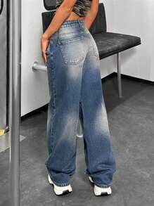 Low Waist Vintage Wash Straight Jean Low Rise Jeans - Medium Wash - View 2