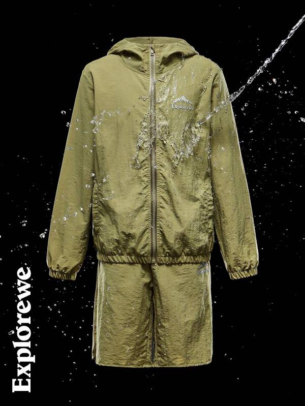 2 stuks/set jongens losse lange mouwen capuchon jas en shorts, effen kleur met reflecterend patroon, casual zonbeschermingsset, geschikt voor buiten, zomer
