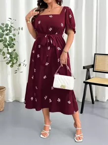 DreamSkyne Plus Size Women's Floral Print Square Collar Elastic Waist Puff Sleeve Dress - Multicolor - View 4