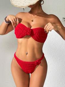SHEIN Swim 2pcs Women Vacation Beach Wear Handmade Crochet 3D Floral Cover Up Top And Festival Bohemian Style Outfits For Summer - Red - View 3