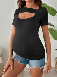 SHEIN Pregnant Women Scoop Neck Hollow Out Short Sleeve Elastic T-Shirt And Pants Set - Black - View 4