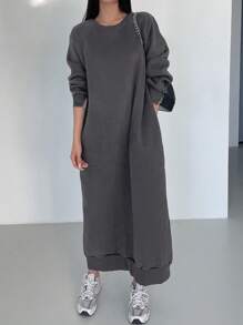 DAZY 纯色插肩袖运动衫裙、长袖上衣 - 灰色 - 查看 5