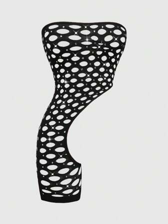 J-Fashion Tuta intima in rete con decorazione di cristalli scintillanti per donne, adatta per discoteca, festa, San Valentino