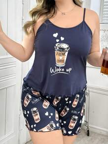Conjunto de pijama de camiseta de tiras y shorts con estampado de taza de café en tallas grandes