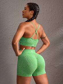 Powerista 女士简约时尚运动文胸和短裤套装，休闲日常健身女士套装 - 綠色 - 查看 2