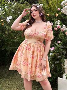 Flirla 大码女式甜美粉色可爱双褶边下摆连衣裙春季