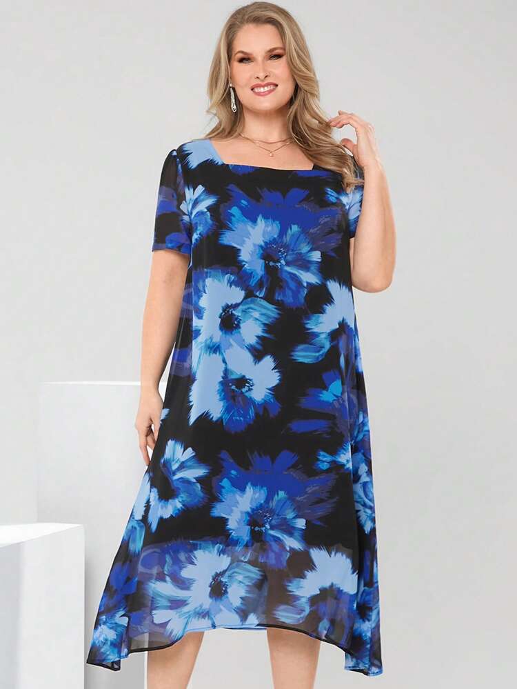 Plus Size Women Floral Print Square Neck Short Sleeve High Low Hem Loose Dress Spring Outfits For Women Bridal Shower Dress White Elegant Chiffon Floral