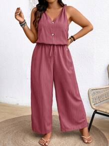 SHEIN Frenchy Bộ đồ liền thân vải crepe có họa tiết Earthy Clothes cỡ lớn có eo thắt nơ và cổ chữ V - Màu Hồng  Dưa hấu - Xem 5