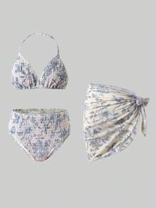 Teen Girls Bikini Sets Fashion, Leisure, Elegant Blue Flower Knitted Bikini 3 Pieces Set With Mesh Skirt Strap, Embracing Craftsmanship, Thin Style Suitable For Vacation, Summer Swimming - Multicolor - View 7