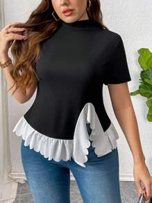 SHEIN Privé Plus Size Women Spring Summer Casual Elegant Commute Office Career Knowledgeable Color Block Ruffle Collar Stretchy T-Shirt
