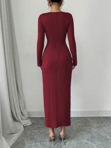 Elenzga Elegantes Damen Unifarben Arbeitskleid, figurbetonter Form, Rundhalsausschnitt, umklappbarem Kragen, Langarm, Bodycon-Stil, Maxikleid für Frühling/Herbst/Winter
