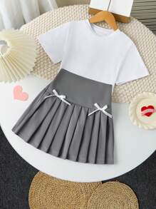 1pc Young Girl Woven Gray Ruched Hem Skirt With 1cm Polyester Tie Belt, Bowknot Elastic Waist, Ruched Hem Design, Suitable For Outings And Parties, Spring/Summer (Sibling/Matching, Sold Separately)