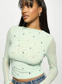 MISSGUIDED 水晶装饰长袖裁剪上衣网眼层时尚派对俱乐部晚间闪耀现代Y2K节俱乐部装秋冬 - 薄荷綠 - 查看 3
