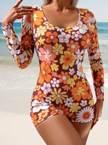 SHEIN Swim SPRTY 1pc Women's Refreshing Floral Print One-Piece Surfing Suit