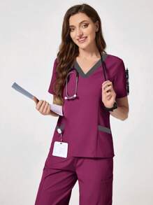 TaskEZ Conjunto de uniforme de enfermería con blusa de cuello en V de manga corta y pantalones en bloques de color para mujer