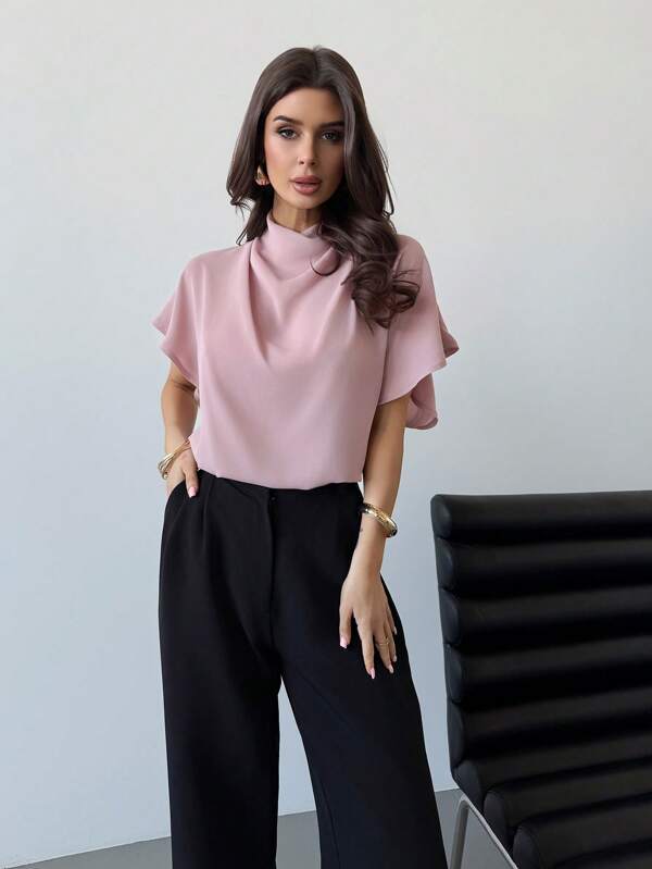 Firerie Women's Elegant Minimalist Daily Commute Vacation Versatile Pink Ruffle Collar Loose Fit Short Sleeve Blouse, Suitable For Casual Everyday Wear