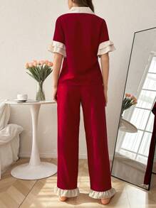 Contrast Color Ruffled Collar Button Front Short Sleeve Pajama Set For Women