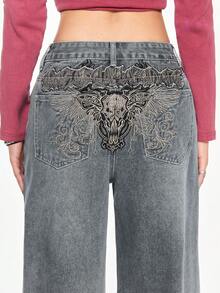 ROMWE Grunge Punk Wing Skull Embroidered Loose Wide Leg Women Jeans - Baby Blue - View 2