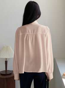 DAZY 女士纯色宽松长袖系带领衬衫，秋季服装