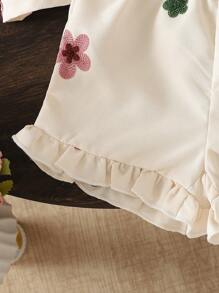 SHEIN Vintaside Kids فستان أطفال بناتي صيفي مطرز بالأزهار، بياقة مربعة مع أكمام منتفخة، مجموعة ملابس أساسية للخروج