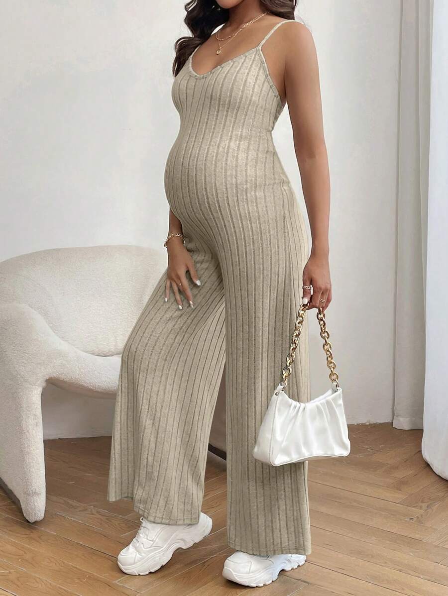 SHEIN Maternity Jumpsuit Suspender Pants, Solid Color Minimalist Fashion - Apricot - View 1