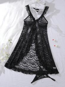 SHEIN Bộ đồ lót ren gợi cảm cỡ lớn - Áo ngủ + Quần lọt khe, 2 món - màu đen - Xem 6