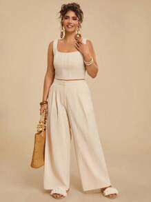 Travachic 2 件大码女式纯色方领吊带上衣和褶皱阔腿休闲裤套装