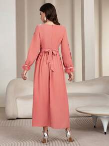 Modelyn Women's Pearl Decor Cinched Waist Flared Dress For Parties - Orange - View 2